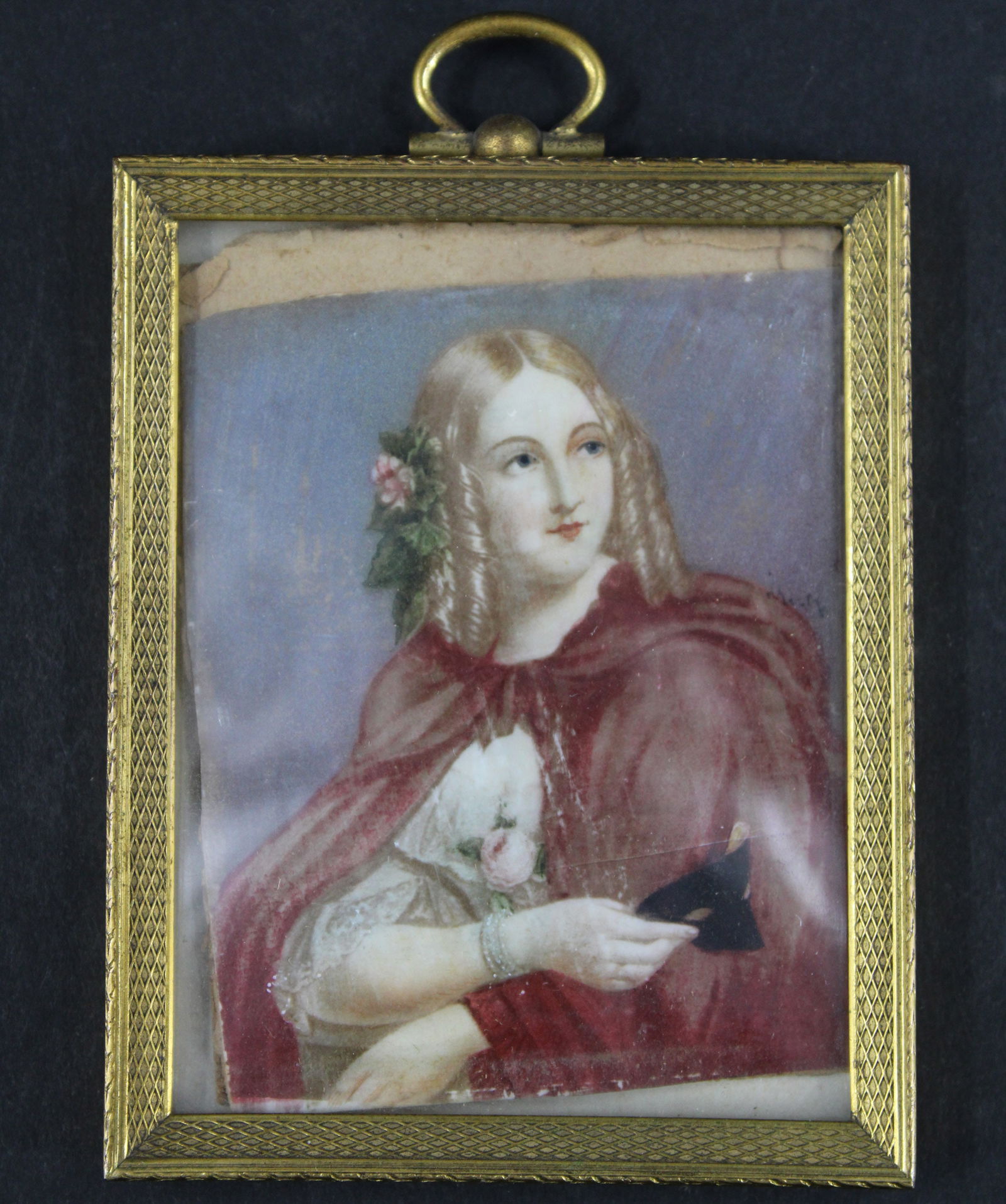 Antique Miniature Portrait, Lady Holding Mask (1 of 3)