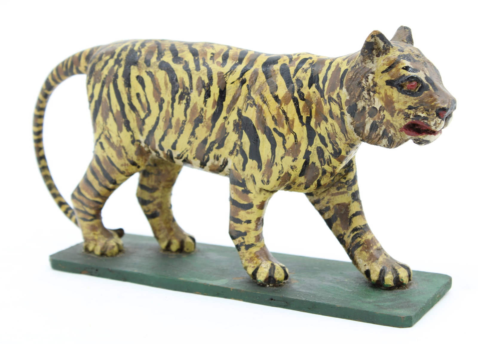 Vintage Carved and Painted Wood Toy Tiger: Small hand painted tiger on a wood base. Size: H 4" x W 8" x D 2"