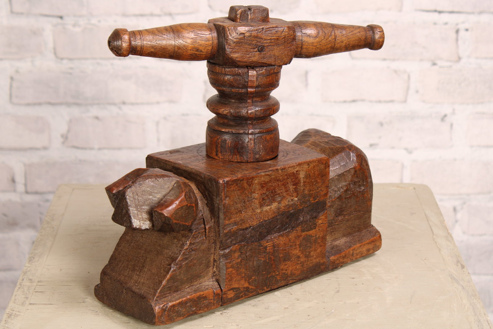 Indonesian Figural Carved Wood Fruit Juicer: Indonesian Figural Carved Wood Fruit Juicer. Size: base 5"T x 12"L x 4.5"W; press 10"T x 11"L x 3"D