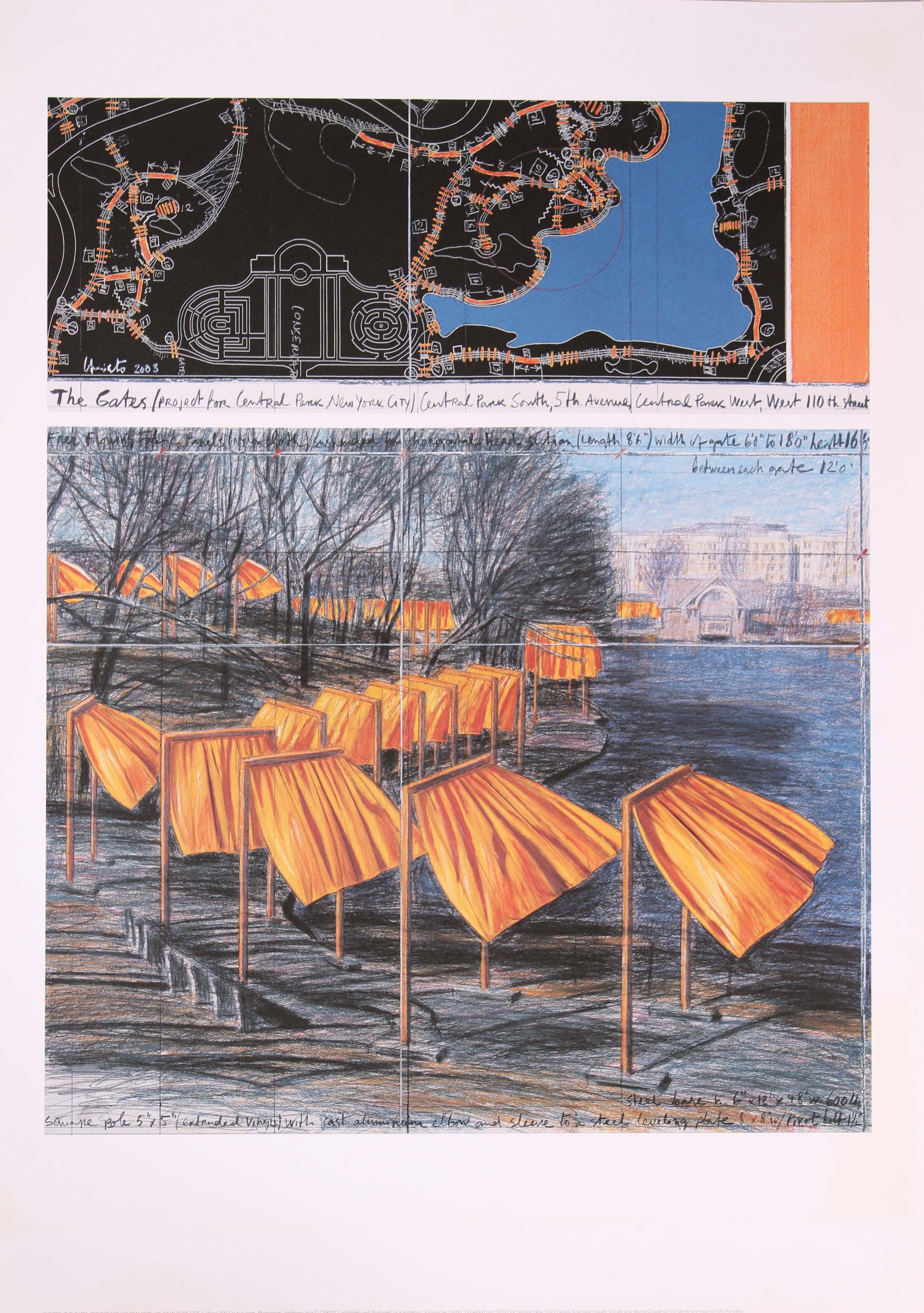 After Christo, Central Park Gates Litho Poster: After Christo, Central Park Gates Lithograph Poster. Published by Kunstverlag Schumacher, Dusseldorf. Size: H 39 1/4" x W 27 1/2"