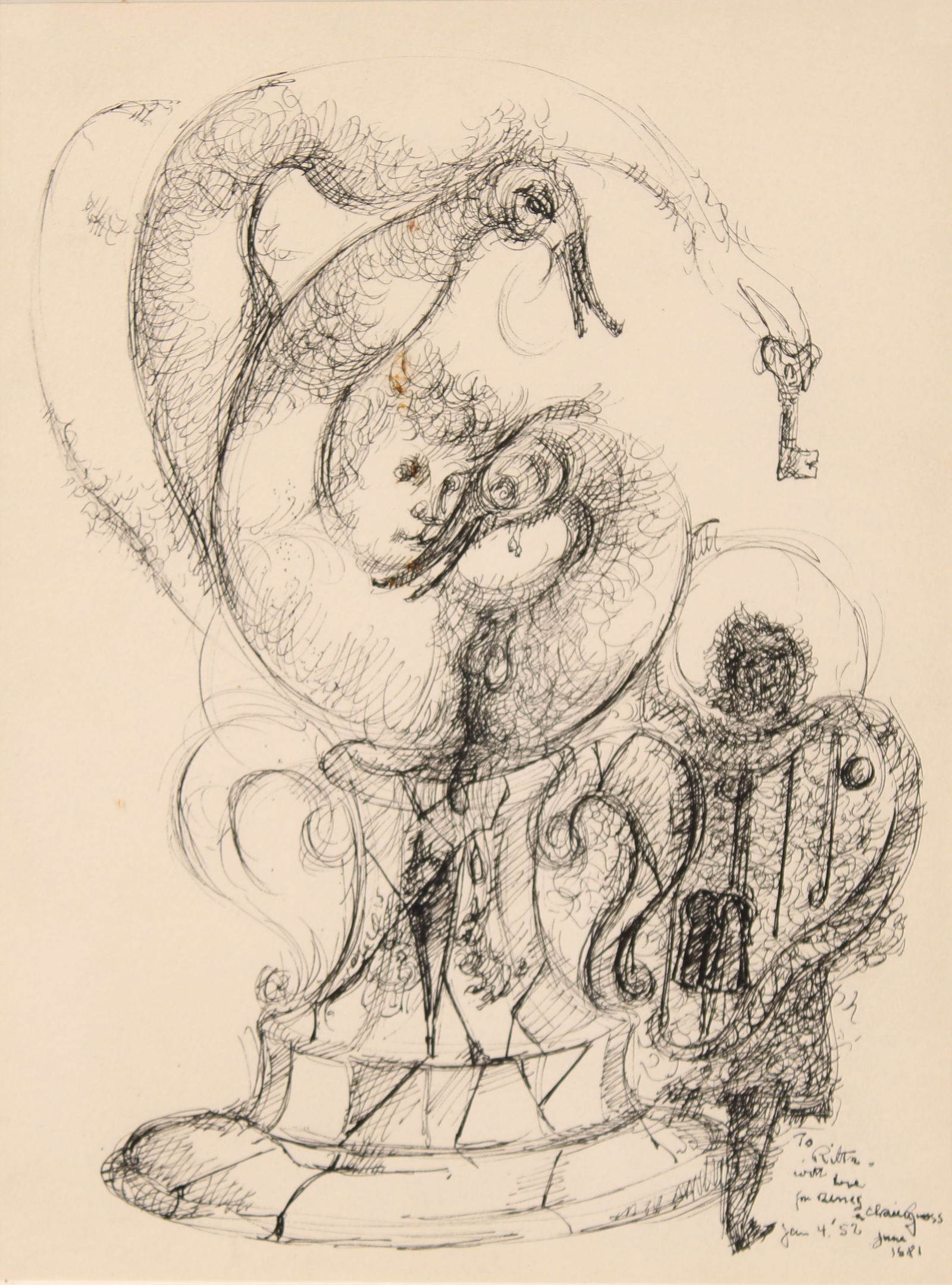 Chaim Gross, Pen on Paper Drawing, Inscribed (1 of 4)