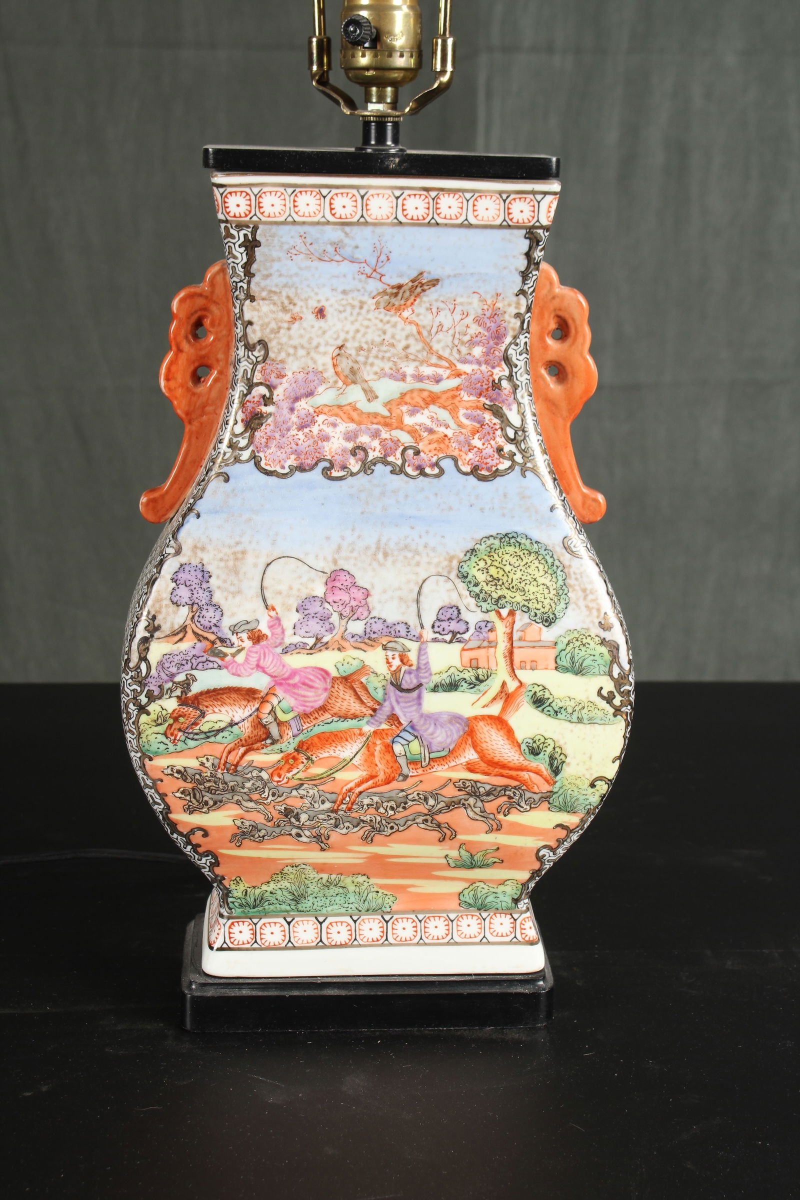 Antique Chinese Export Fox Hunt Vase Lamp (1 of 8)