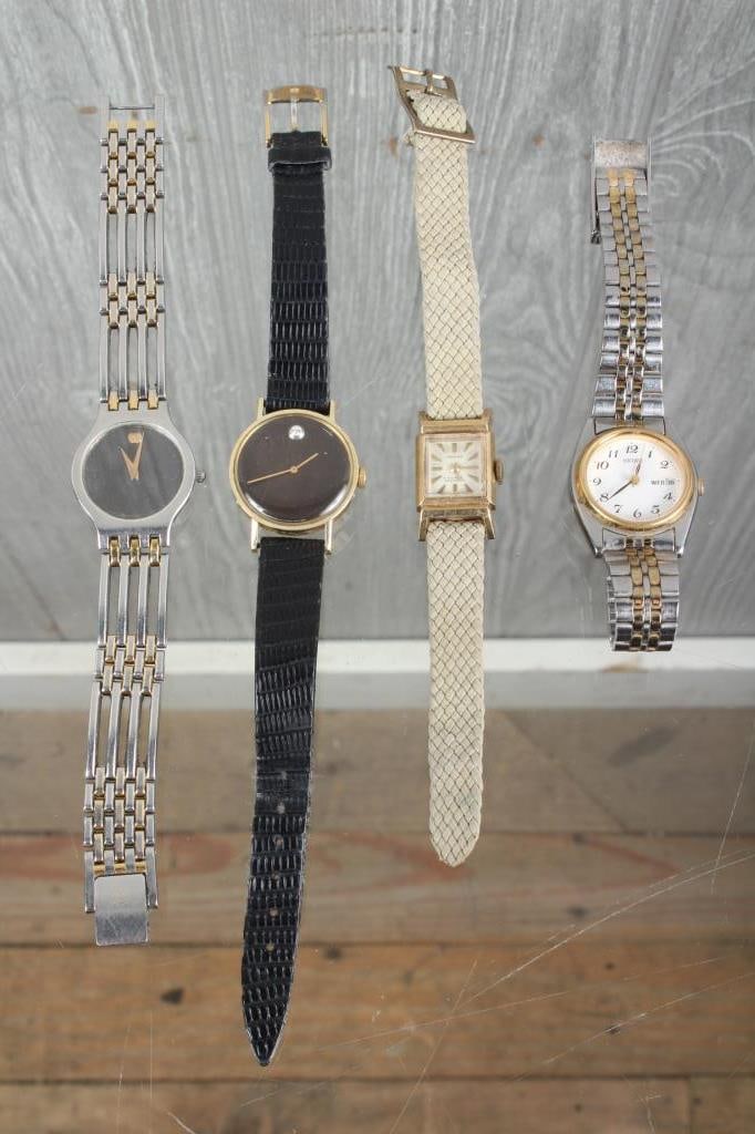 4 Ladies Watches incl. Movado, Seiko, Croton: 4 Ladies Watches incl. Movado, Seiko, Croton. Size: Largest: 7.5" L x 1" W