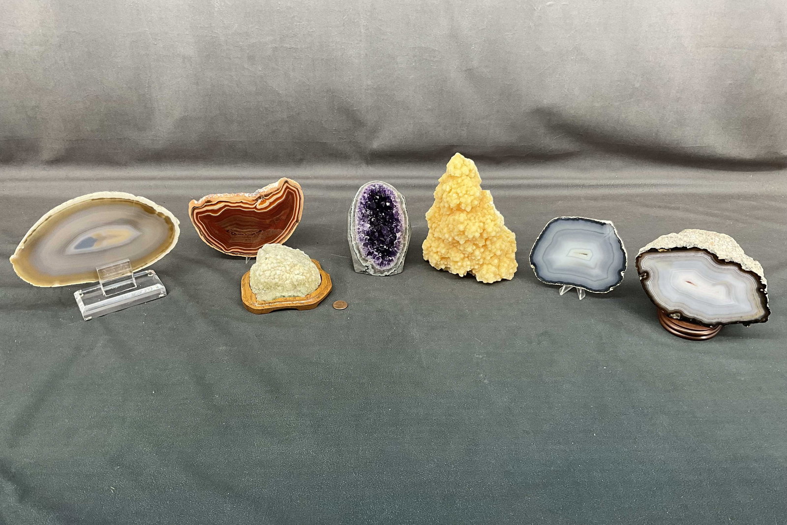 Fluorite druzy, amethyst tower, cave calcite,  agate slices, agate geodes. Stands included. Size: (1 of 7)