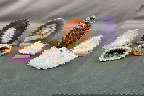 Agate slice, prehenite, stillbite on apophyllite,  fluorite, quartz druzy, amethyst, dyed geode.: Agate slice, prehenite, stillbite on apophyllite, fluorite, quartz druzy, amethyst, dyed geode. Size: Largest 5"T x 3"L x 2"D Provenance: From the lifetime collection of an Oreland, Pennsylvania priva