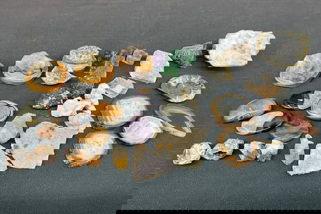 Quartz, picture jasper, geodes, agate slices,  druzy, cactus quartz, barite, fluorite, calcite,: Quartz, picture jasper, geodes, agate slices, druzy, cactus quartz, barite, fluorite, calcite, petrified palm wood, ammonite, tiger's eye, citrine points. Size: largest 3.5"T x 3"L x 2"D Provenance: F