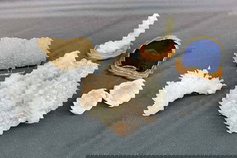 Stillbite & apophyllite, quartz, dyed blue agate,  aragonite, cave calcite, geode. Stands included.: Stillbite & apophyllite, quartz, dyed blue agate, aragonite, cave calcite, geode. Stands included. Size: largest 3"T x 6.5"L x 6.5"D Provenance: From the lifetime collection of an Oreland, Pennsylvani