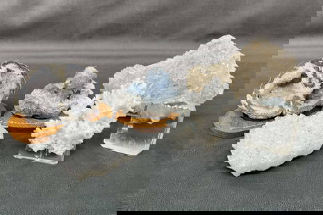 Double geode, quartz plate, celestite, aragonite  (UV reactive), optical calcite, apophyllite.: Double geode, quartz plate, celestite, aragonite (UV reactive), optical calcite, apophyllite. Stands included. Size: largest 4"T x 5"L x 2"D Provenance: From the lifetime collection of an Oreland, Pen