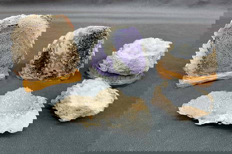 Amethyst, complete geode, druzy, petrified wood. Stands included. Size: largest 4"T x 5"L x 0.25"D: Amethyst, complete geode, druzy, petrified wood. Stands included. Size: largest 4"T x 5"L x 0.25"D Provenance: From the lifetime collection of an Oreland, Pennsylvania private estate.