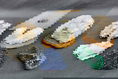 Titanium plated quartz (man made), malachite,  titanium geode (man made), druzy, cave calcite,: Titanium plated quartz (man made), malachite, titanium geode (man made), druzy, cave calcite, agate. Stands included. Size: largest 3.5"T x 4"L x 3.5"D Provenance: From the lifetime collection of anOr