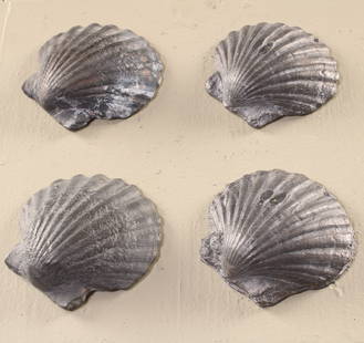 A lot of four English cast lead shell form  weights. Size: 3.5"H x 4"W: A lot of four English cast lead shell form weights. Size: 3.5"H x 4"W