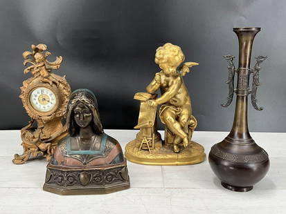 Rococo style clock, Pompeii Co. brass bust,  cherub, and Asian motif vase. Size: 7"T, 9.5"T,: Rococo style clock, Pompeii Co. brass bust, cherub, and Asian motif vase. Size: 7"T, 9.5"T, 9.75"T, 11"T