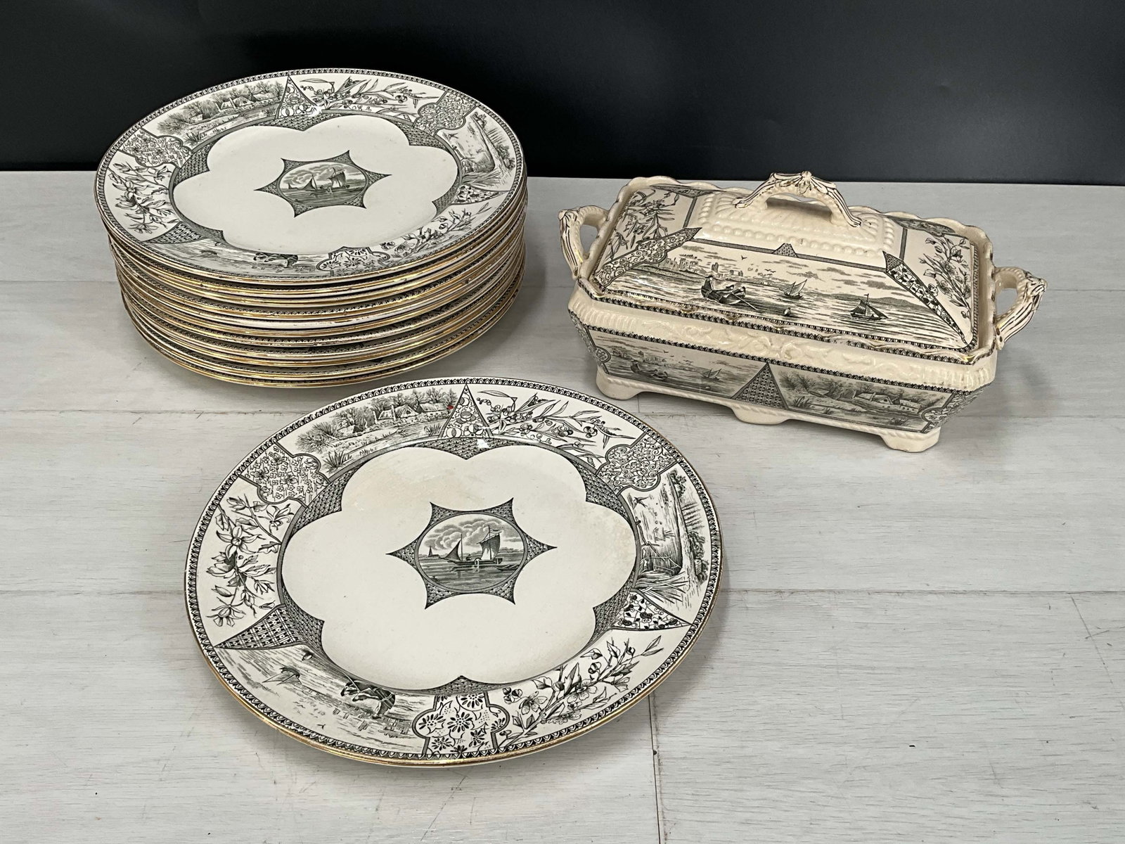 China set from F & R B England, 12 plates, and  rectangular covered server. Borneo pattern in (1 of 9)