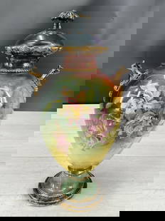 Paint decorated floral urn from Royal Bonn Germany, stamped underneath. Size: 15"T x 7"W x 6.5"D: Paint decorated floral urn from Royal Bonn Germany, stamped underneath. Size: 15"T x 7"W x 6.5"D
