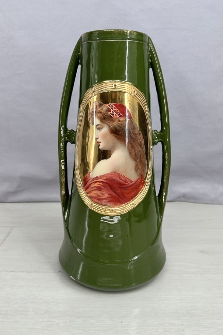 Art Nouveau era amphora shaped painted porcelain vase. Marked on bottom, JS, Josef Strnact, a: Art Nouveau era amphora shaped painted porcelain vase. Marked on bottom, JS, Josef Strnact, a Bohemian porcelain and ceramic manufacturer 1881-1932. Size: 13.5"T x 7" diameter base