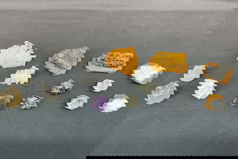 Quartz cluster, orange calcite, pyrite,topaz,  selenite, amethyst, amber (termite trails & some: Quartz cluster, orange calcite, pyrite,topaz, selenite, amethyst, amber (termite trails & some cracking), geode. Stands included. Size: various, largest 2"T x 4"L x 2.5"D Provenance: From the lifetime