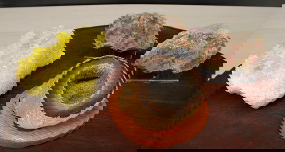 Four nice sized specimens, coprolite, polished  geode half and sulfur plate. Size: see photo: Four nice sized specimens, coprolite, polished geode half and sulfur plate. Size: see photo Provenance: From the lifetime collection of an Oreland, Pennsylvania private estate.