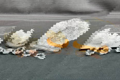 Mini geodes, okenite (India), apophyllite plate,  stillbite bow tie. Stands included. Size: largest: Mini geodes, okenite (India), apophyllite plate, stillbite bow tie. Stands included. Size: largest 2.5"T x 6"L x 5"D Provenance: From the lifetime collection of an Oreland, Pennsylvania private estate