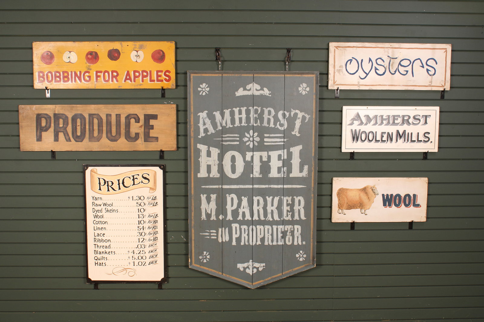 Group of 7 Stage Set Signs. Market signs and  replica hotel sign. Painted wood. Largest: 56.5" x (1 of 10)