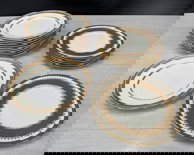 19 total dinner plates in 2 patterns, 12 with the  thin gold trim stamped Lenox for Tiffany, 7 with: 19 total dinner plates in 2 patterns, 12 with the thin gold trim stamped Lenox for Tiffany, 7 with the thicker gold trim, stamped Cauldron England and Tiffany. Size: 10.5" diameter