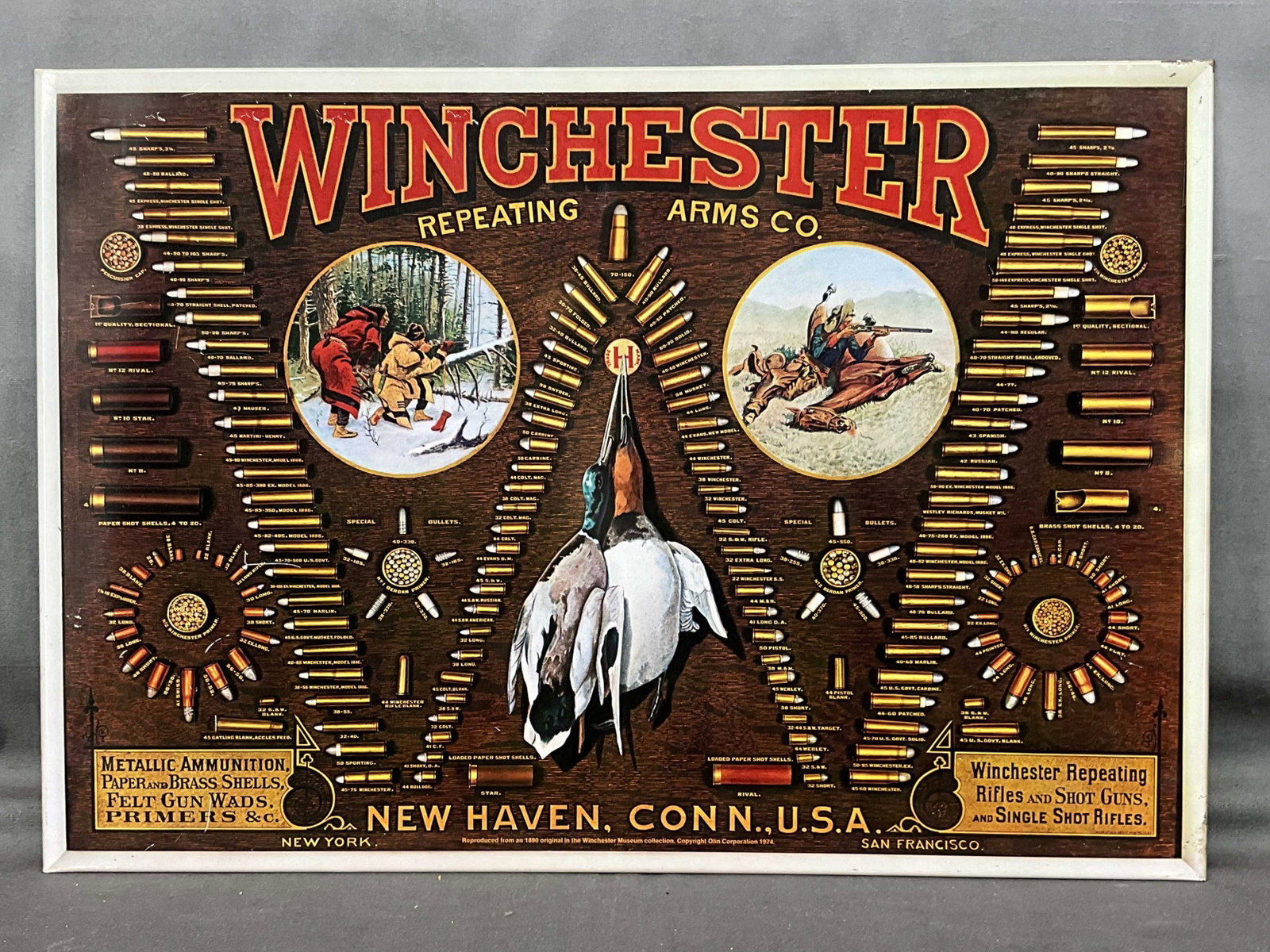 Reproduction Winchester Arms Tin Litho Advertising: Reproduction Winchester Arms Tin Litho Advertising. Size: 16"T x 23"L
