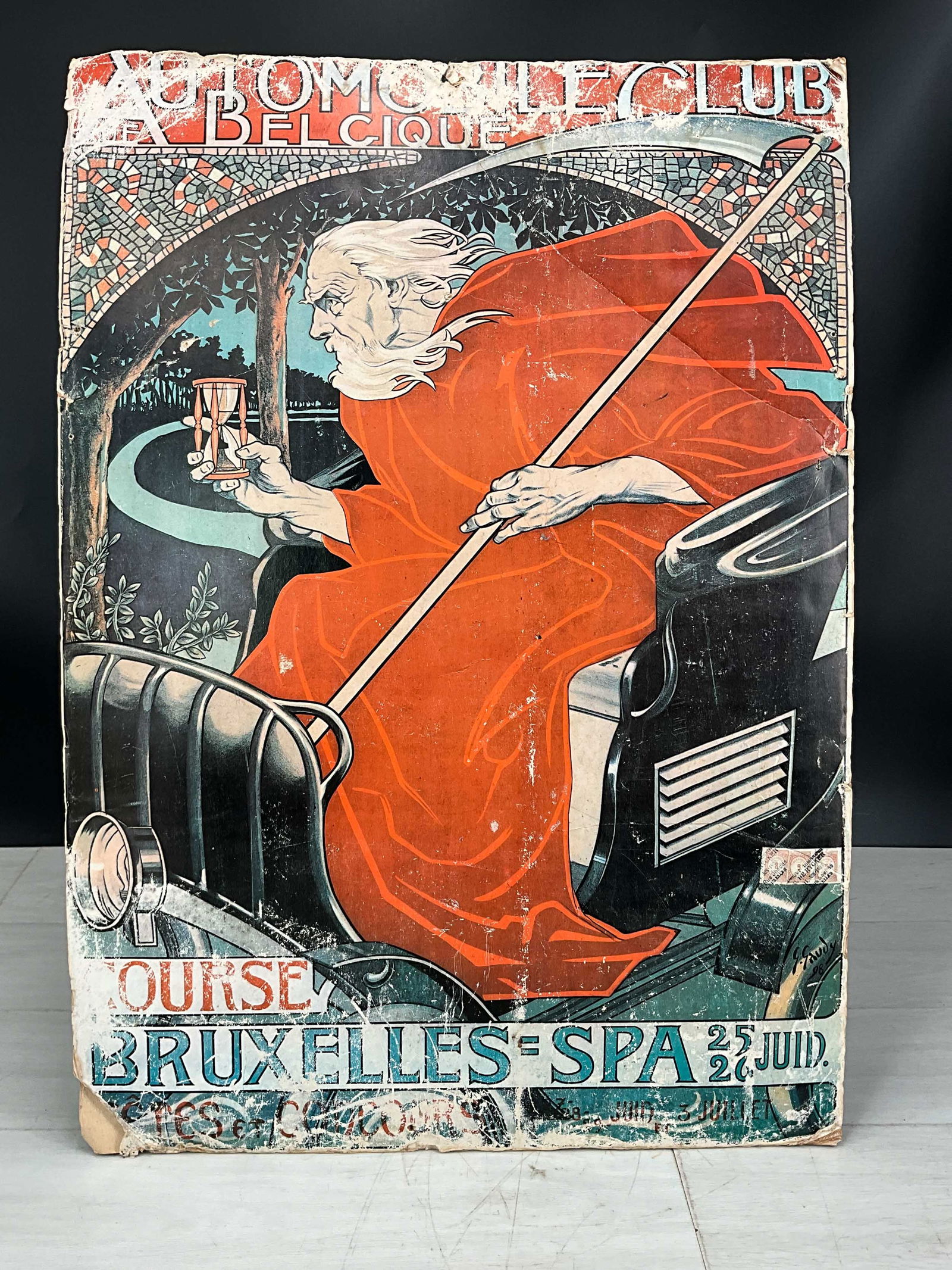 Vintage Belgian Car Club Race Poster: Belgian racing poster with father time imagery, on board. Georges Gaudy. Size: 29.5" H x 21" W