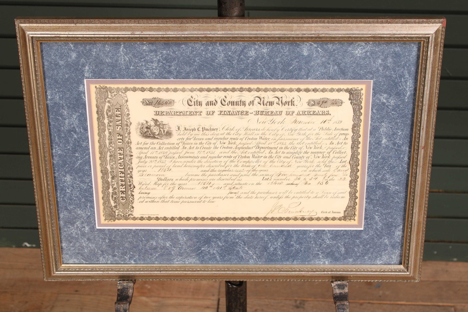 19th C Certificate of Sale, NY Bureau of Arrears: 19th C Certificate of Sale, NY Bureau of Arrears. Ephemera. Size: 14.25"T x 20"W