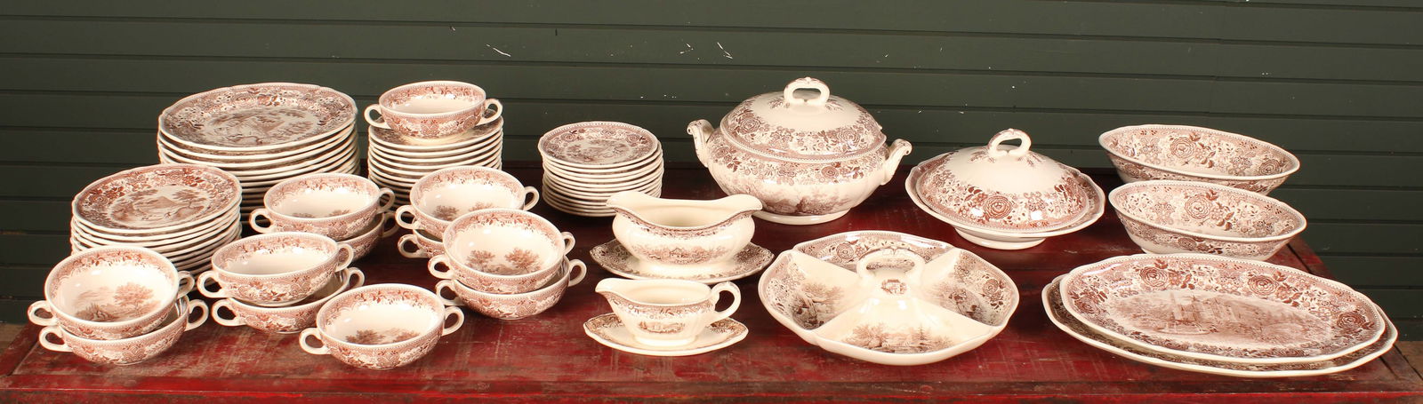 Generous Villroy & Boch Service, Brown & White: Extensive collection of Villroy & Boch china service. Serving pieces and place settings. Burgenland pattern in brown. 12 count 10" dinner plates. 12 count 7.5" salad plate. 12 count 7" soup bowl and c