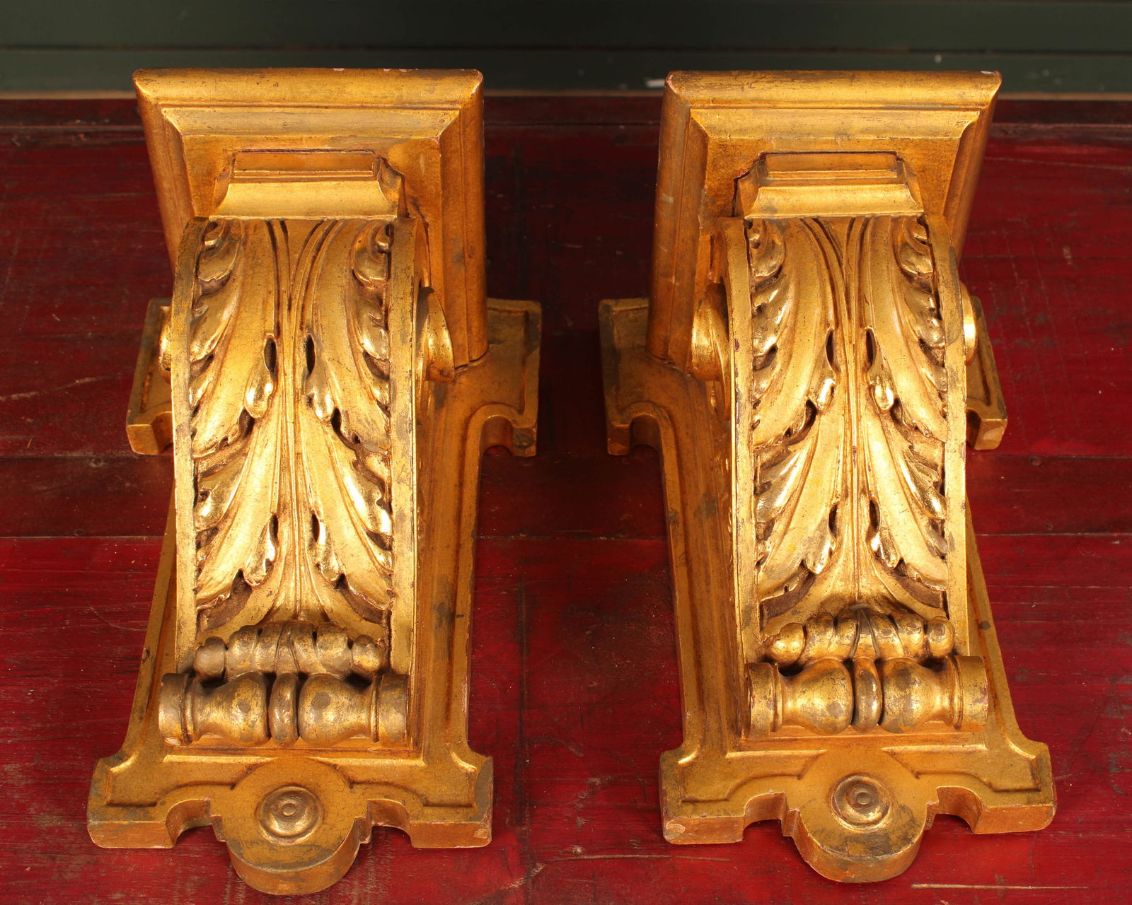 Pair Scrolled Brackets: Matched pair of gilt wood scrolled brackets. Size: 15.5"T x 7.75"L x 7.5"D