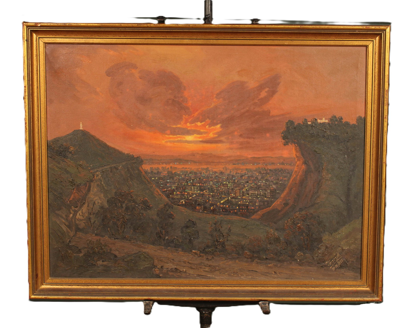Jose Yepez Arteaga Brazil Rio, Oil on Canvas: Moody landscape painting, showing Rio under a red sky. Gilt wood frame. Signed LR Yepez A. 18-11-1935? , Jose Yepez Arteaga b. 1898 Ecuador. Size: frame 27"H x 35"W sight 23"H x 31"W