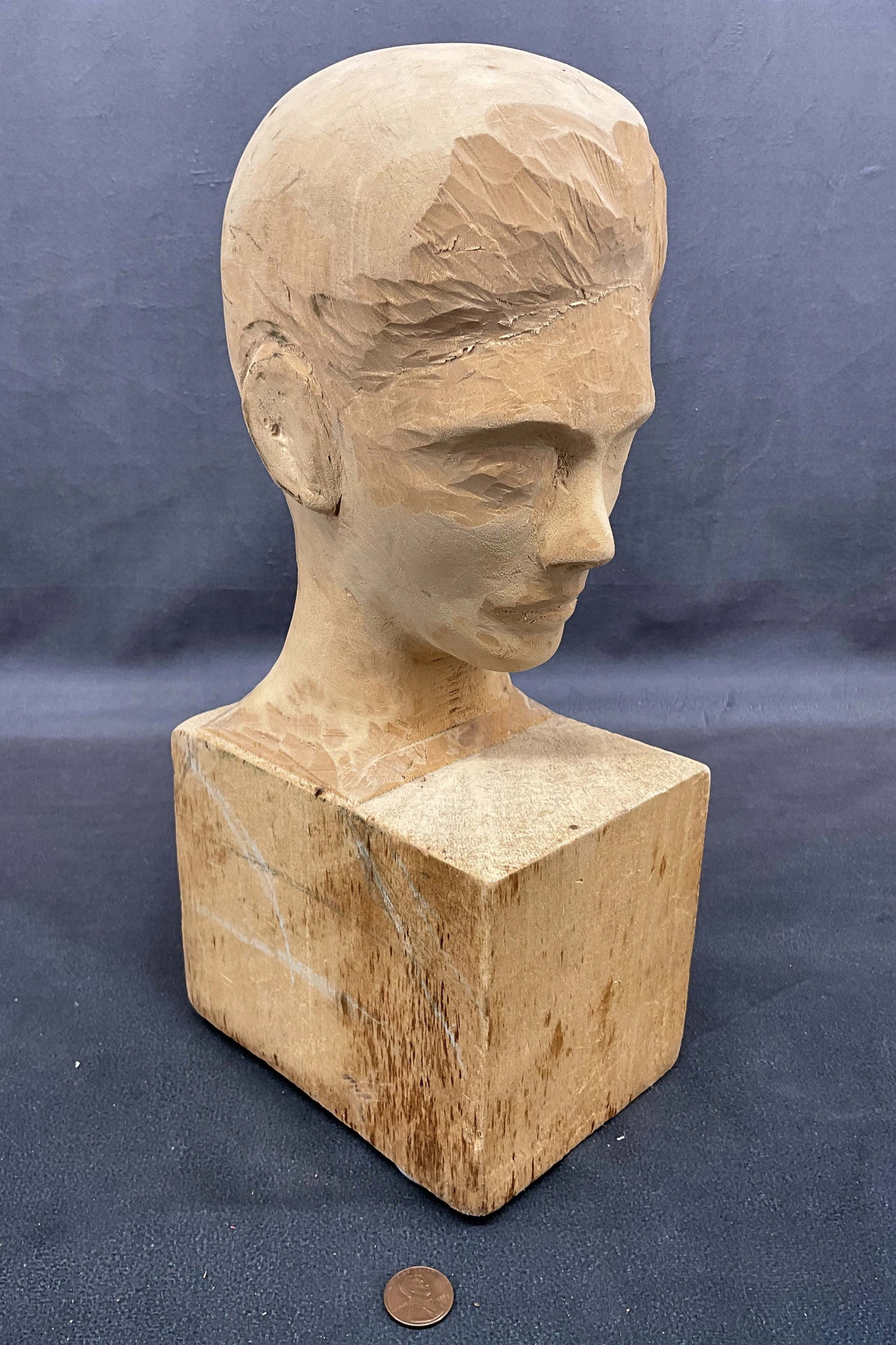Carved Wood Maquette, Portrait Bust: Carved wood male bust, unsigned. Size: 12.5"T x 4.25"L x 5.75"D