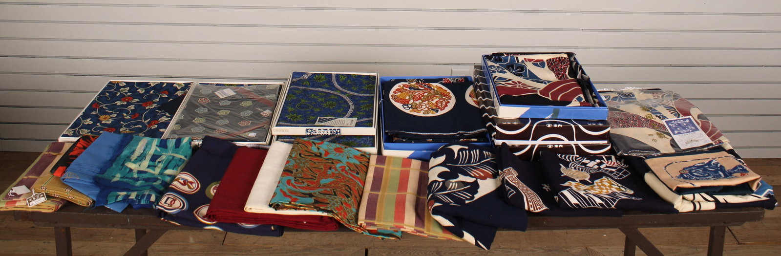 Vintage NOS Boxed and Bagged Furoshiki Wraps: Large lot of Vintage NOS Boxed and Bagged Furoshiki Wraps. Utilitarian textile panels used for wrapping goods and creating carry bags. Size: various, largest 70' x 70"
