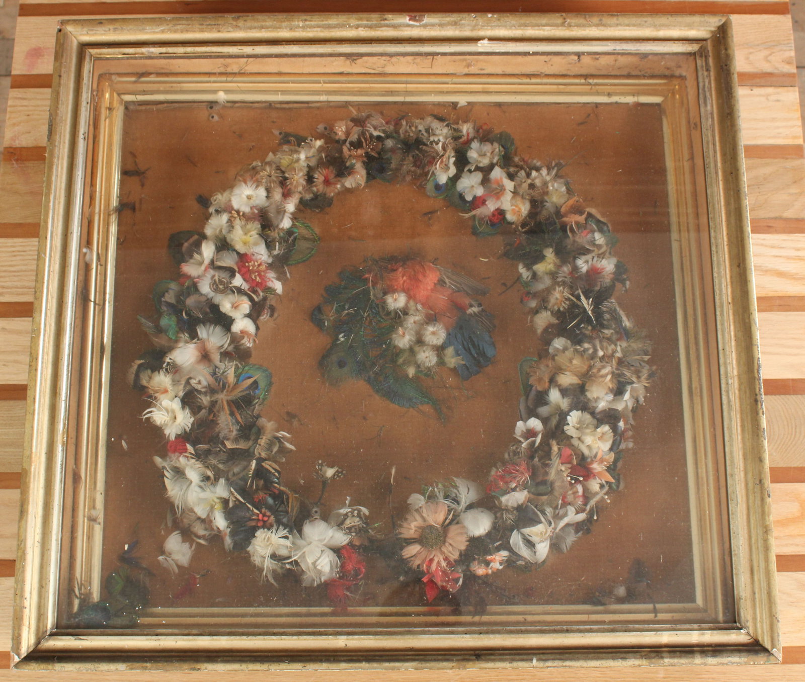 Antique 19th C Feather Wreath in Gilt Frame (1 of 5)