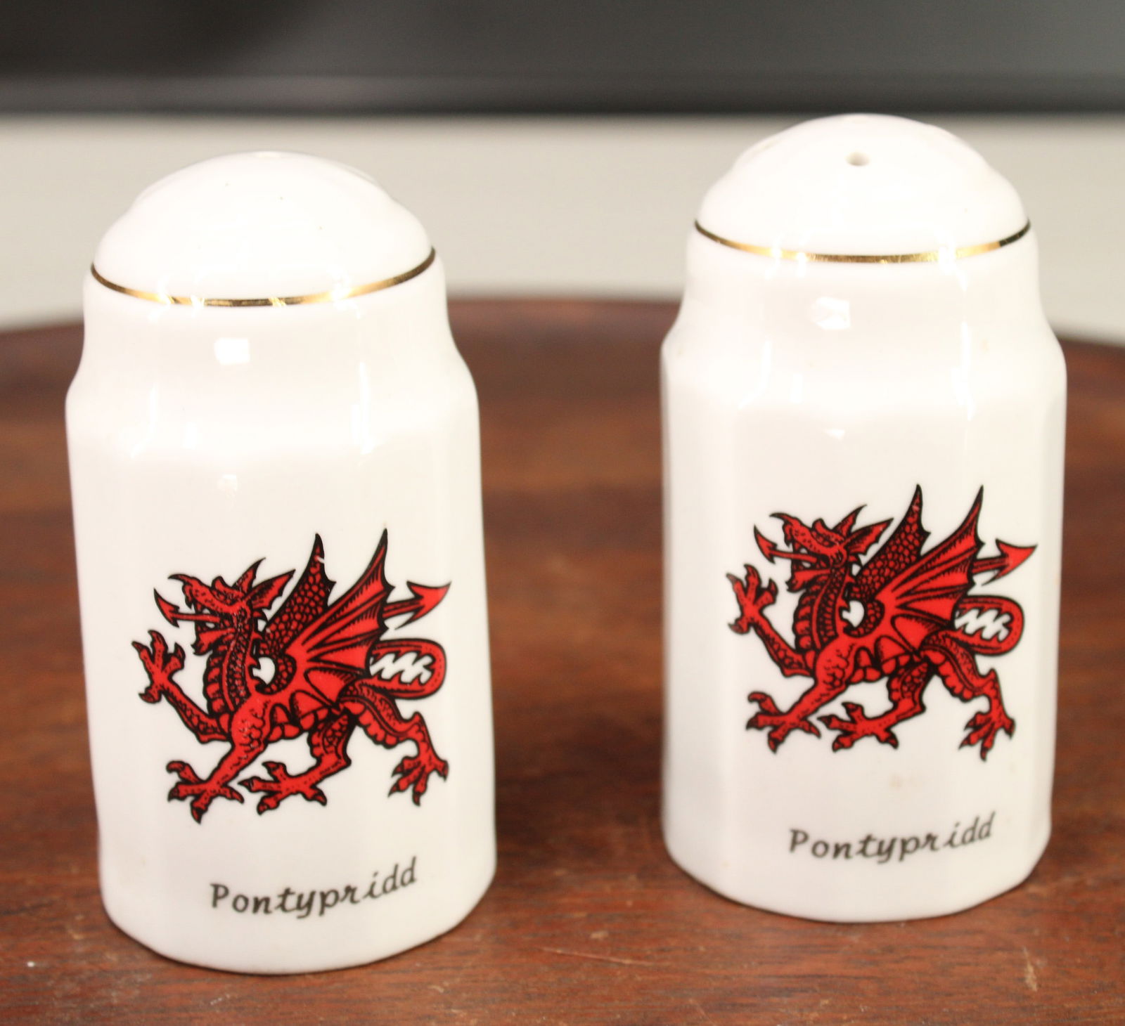 Y Ddraig Pottery, Wales, Pontypridd Salt, Pepper: Y Ddraig Pottery, Wales, Souvenir Pontypridd Salt, Pepper Shakers. Decorated with national symbol of Red Dragon, Y Ddraig Goch. . Size:3.75"H x 2"W x 2"D