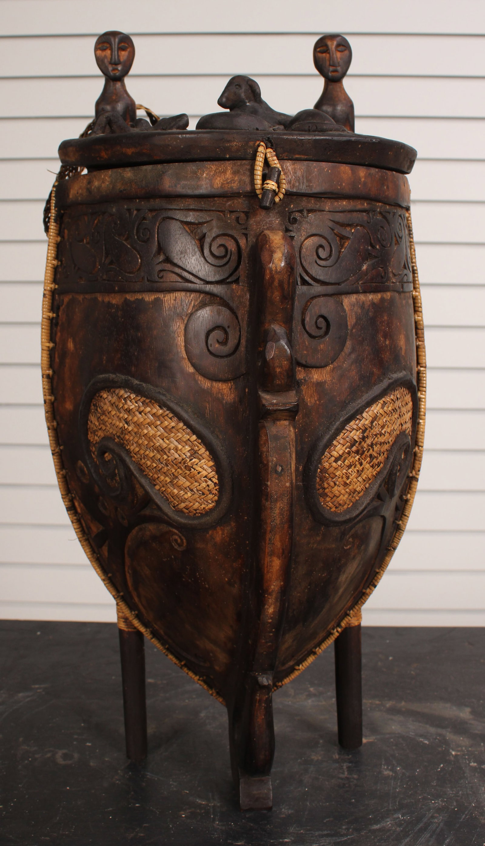 Borneo Dayak Orang Ulu Shaman Container: Borneo Dayak Orang Ulu Shaman Container. Kayan. Kalimantan. Carved wood, fiber. Size: 18"H x 9"W x 7'D