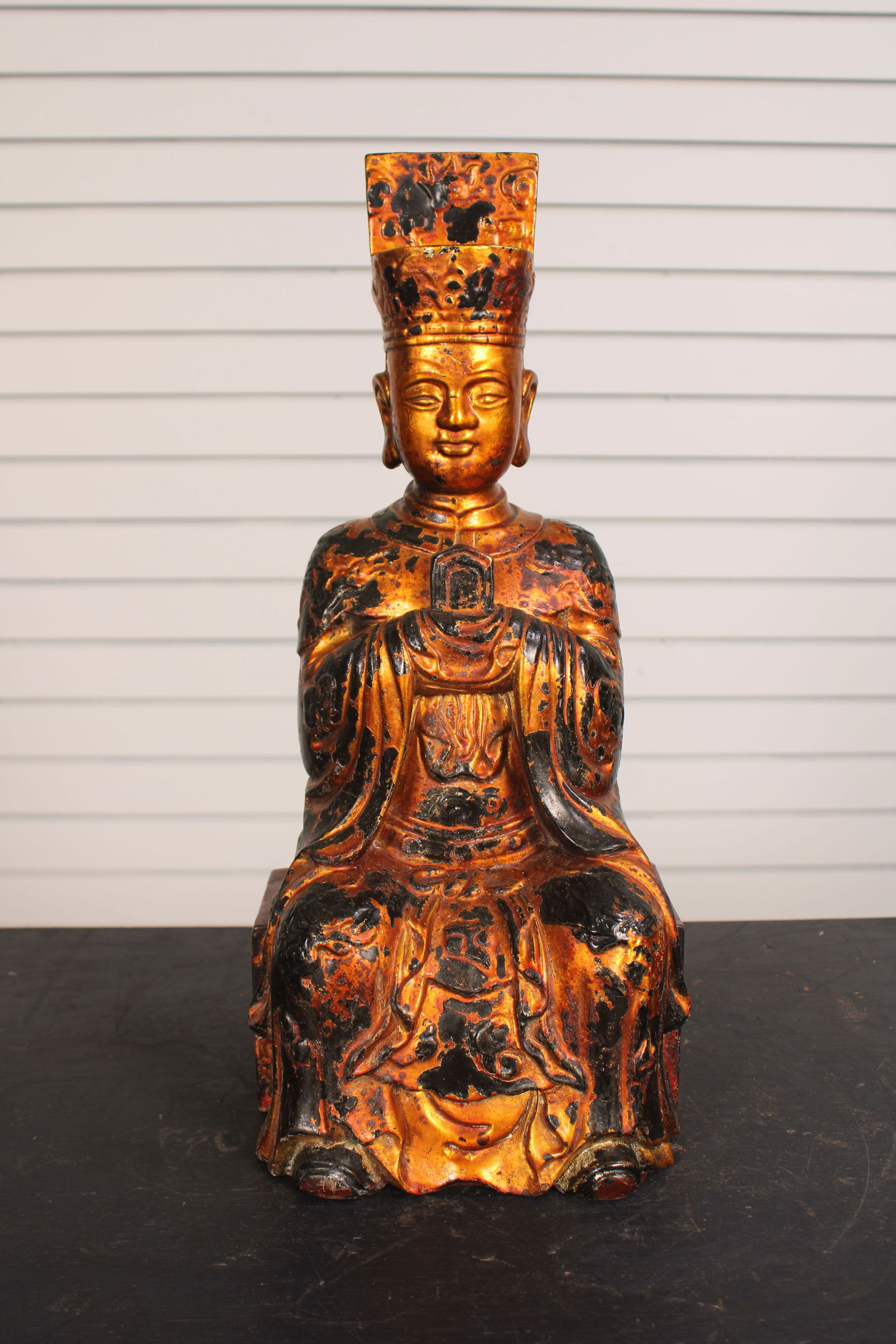Chinese Carved Wood and Gilded Buddha, 18": Chinese Carved Wood and Gilded Buddha. Carved wood. Size: 18"H x 8"W x 7.5"D
