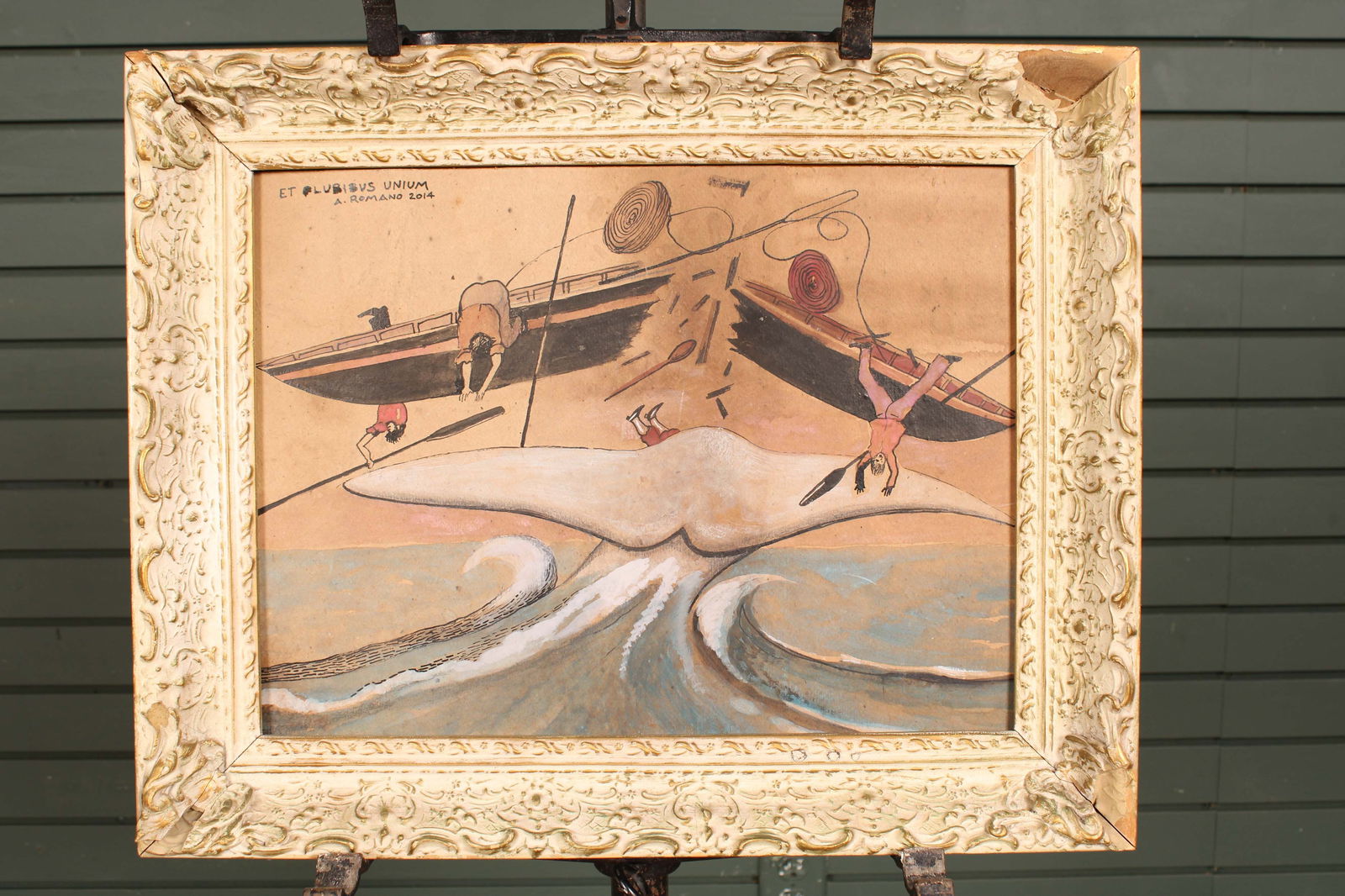 A. Romano, Et Pluribis Unium, Moby Dick: Antonio Romano (b. 1953, NY/NJ/Italy), folk outsider artist, Signed and dated upper left, boat attacked by whale ala Moby Dick, upcycled frame. Size: 16"H x 20"W x 2.5"D