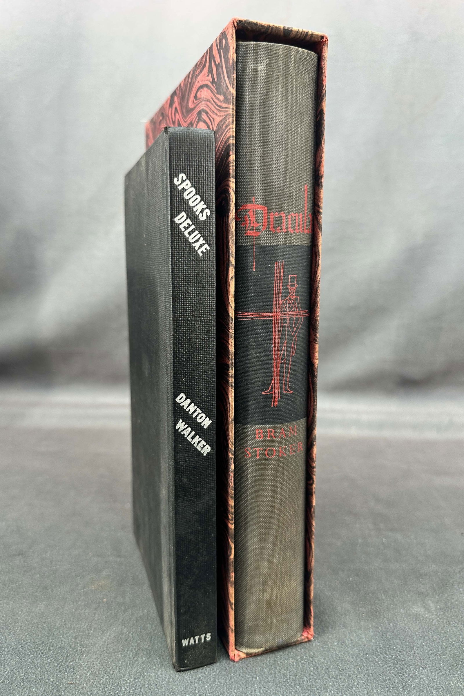 Bram Stoker, Dracula & Spooks Deluxe: Bram Stoker, Dracula, Heritage Press, 1965. Introduction by Anthony Boucher, wood engraved illustrations by Felix Hoffman. Spooks Deluxe by Danton walker, 1956, first edition. Size: 11"T x 7.5"W & 9.5