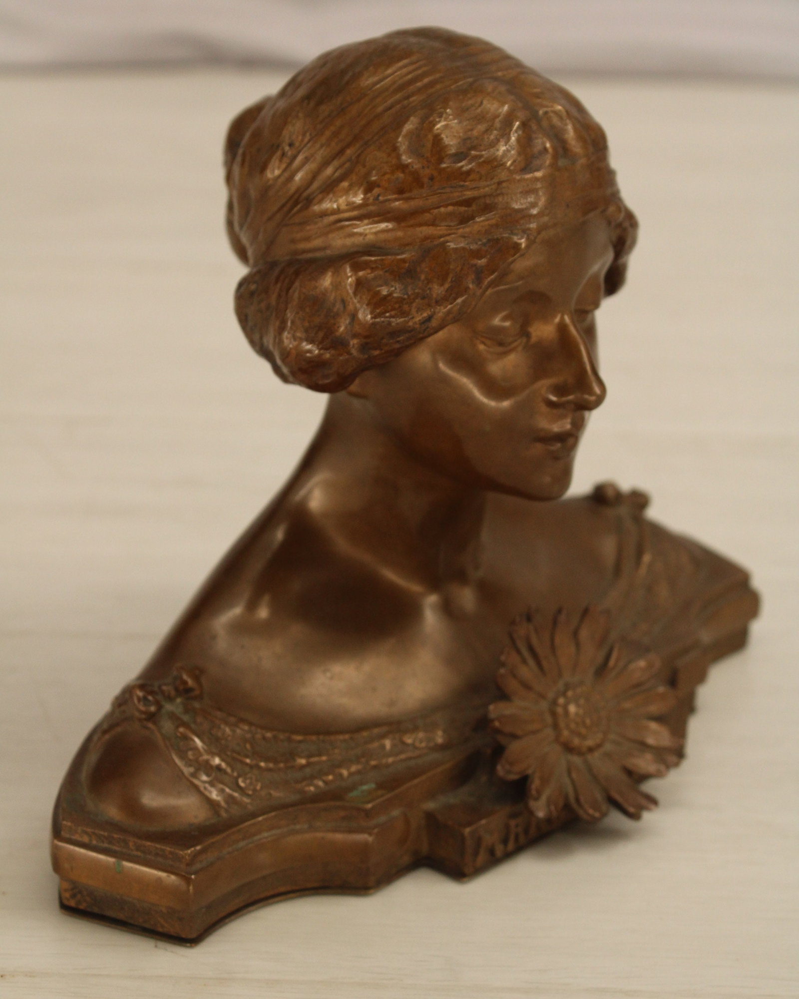 Art Nouveau Bronze Portrait Bust: Marguerite, Art Nouveau Bronze Portrait Bust. Size: 6.75"T x 8.5"W x 5.5"D