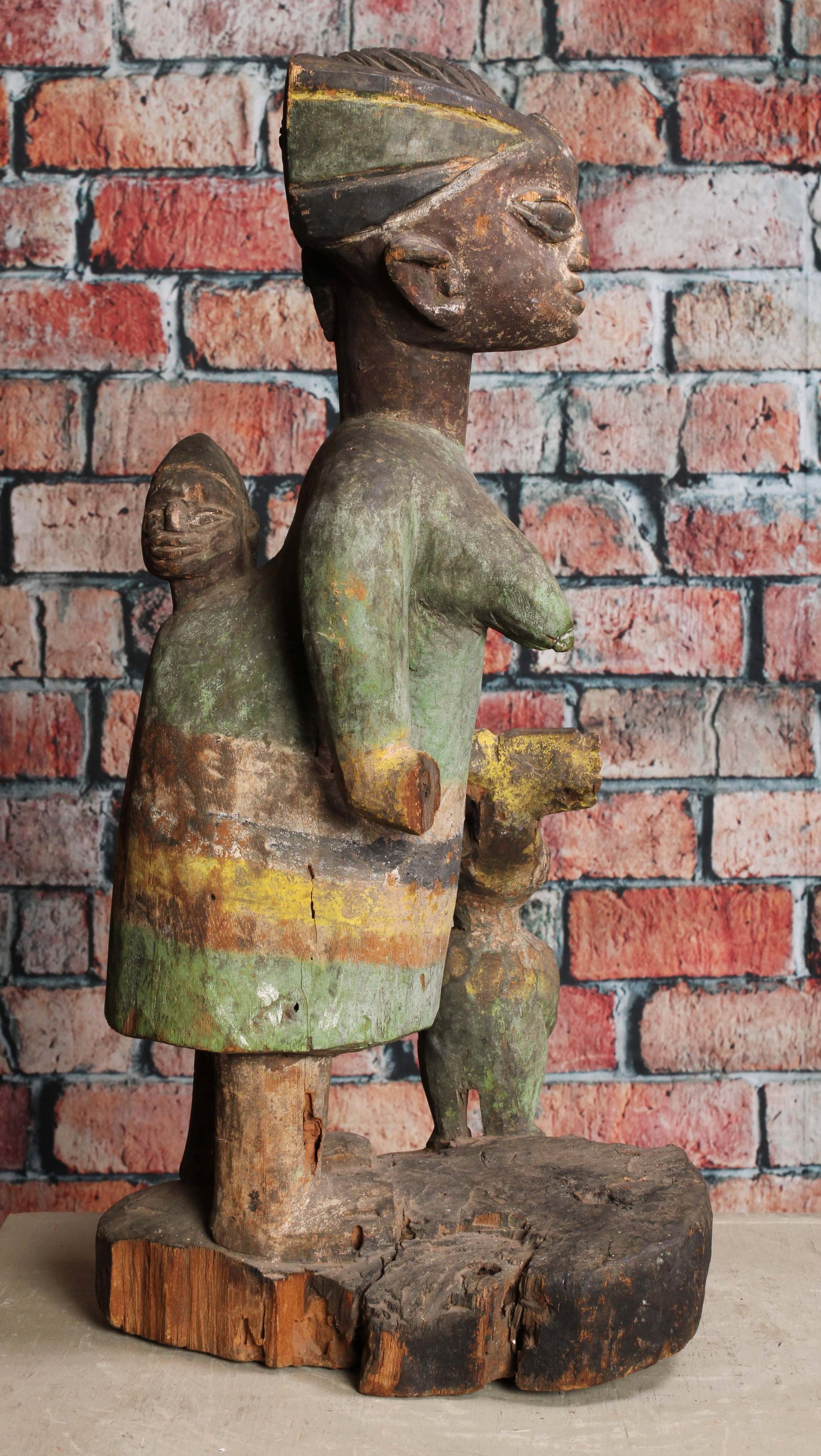Yoruba People, Endearing Maternity Figure: Traditional Nigerian carving, maternity statue, Mother and child. Box: H 26" x W 12" x D 12"