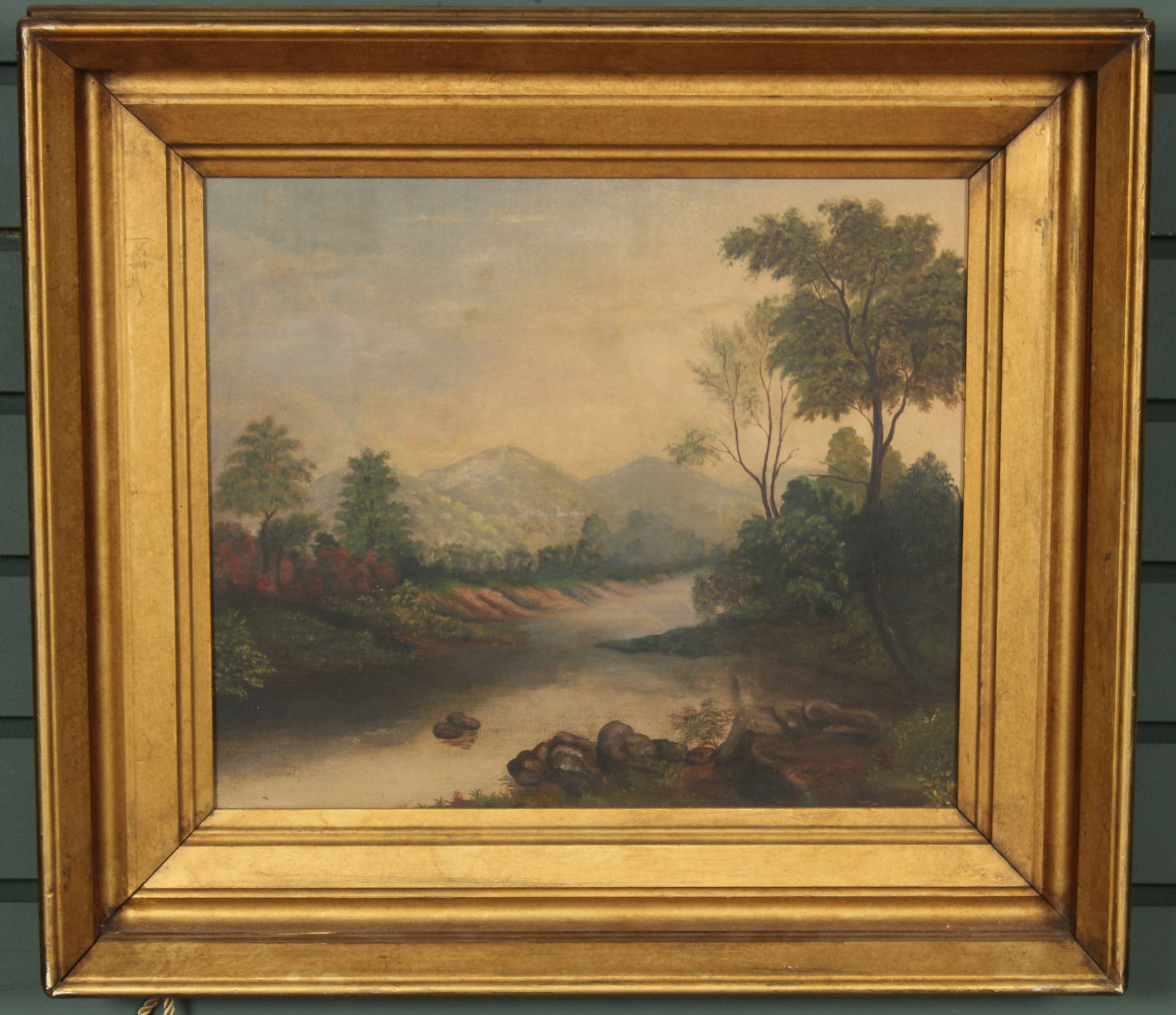 Late 19th C Hudson River School Painting: Inscribed "Esopus Creek, Uslter Co. NY. Freeman painted by Aunt Mate Clark" on frame. Size: Framed: 17.5" H x 19.5" W x 3" D; Sight: 11.5" H x 13.5" W