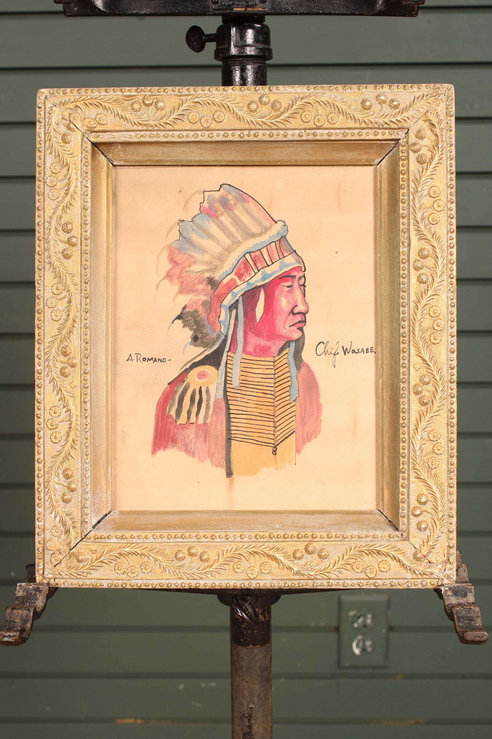 Antonio Romano, Chief Wasabe: Antonio Romano, Chief Wasabe. Cleverly naive portrait of Chief Wasabe. On paper. Size: 13.5"H x 11.5"W x 1.5"D