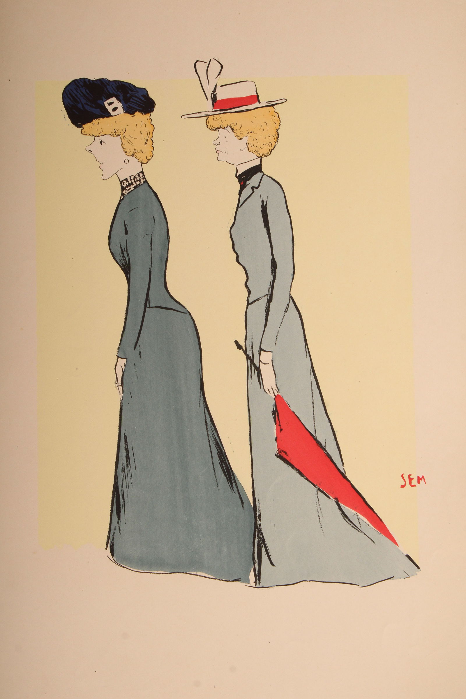 SEM, Georges Goursat, French Society Caricature: SEM, Georges Goursat, French Society Caricature. Print. Émilienne d'Alençon and her English companion. Size: 20.5"H x 14.25"W