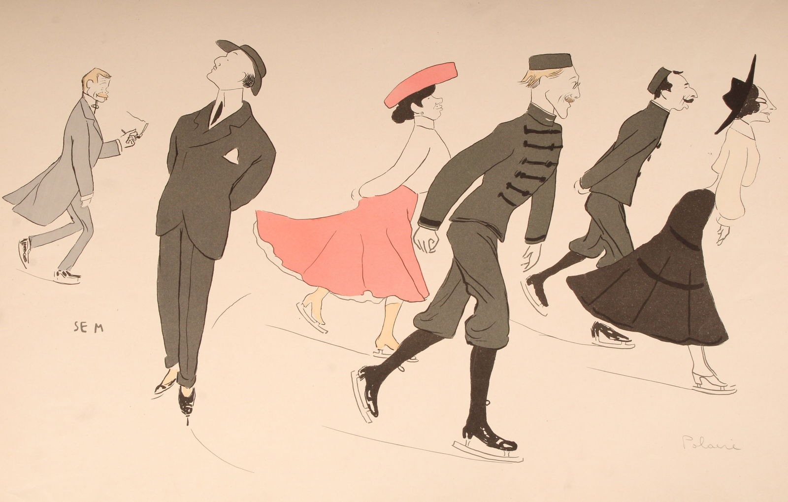 SEM, Georges Goursat, French Society Caricature: SEM, Georges Goursat, French Society Caricature. Print. La Patinoire (The Ice Rink). Including an image of the actress Polaire. Size: 14"H x 20.5"W