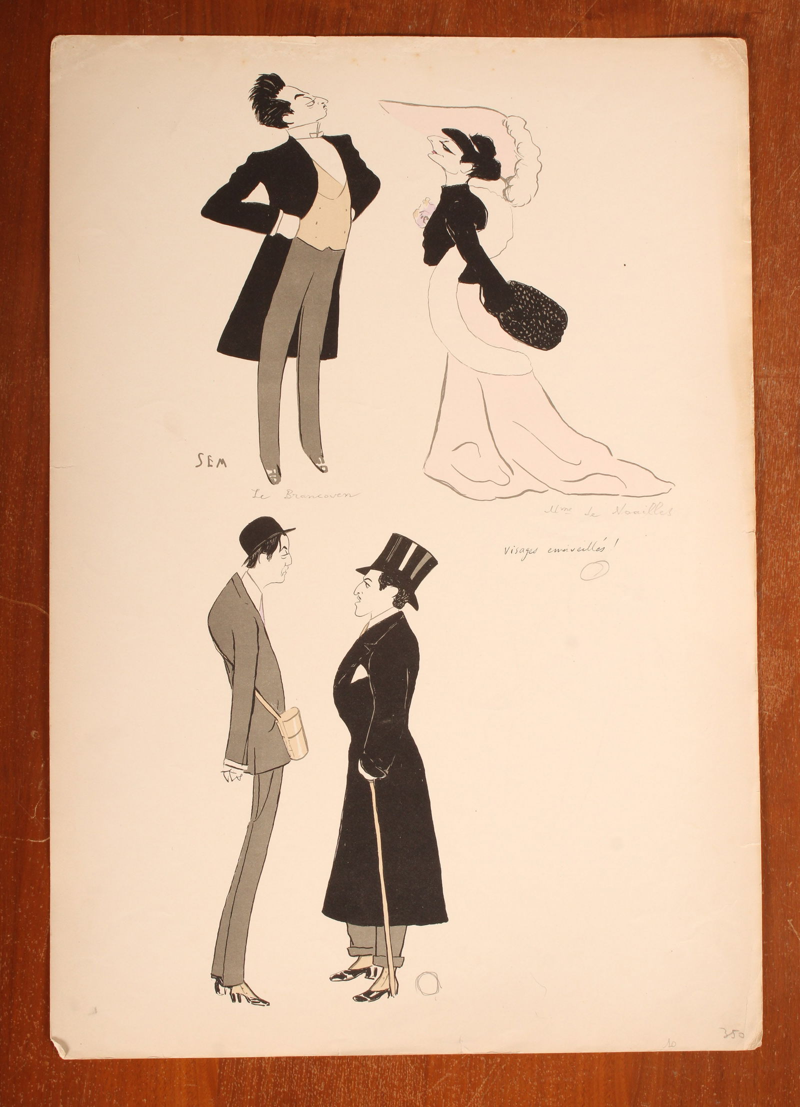 SEM, Georges Goursat, French Society Caricature: SEM, Georges Goursat, French Society Caricature. The top panel depicts the Prince Bassaraba de Brancovan and the Countess Anna de Noailles, his half-sister, a noted poet and novelist. The bottom panel