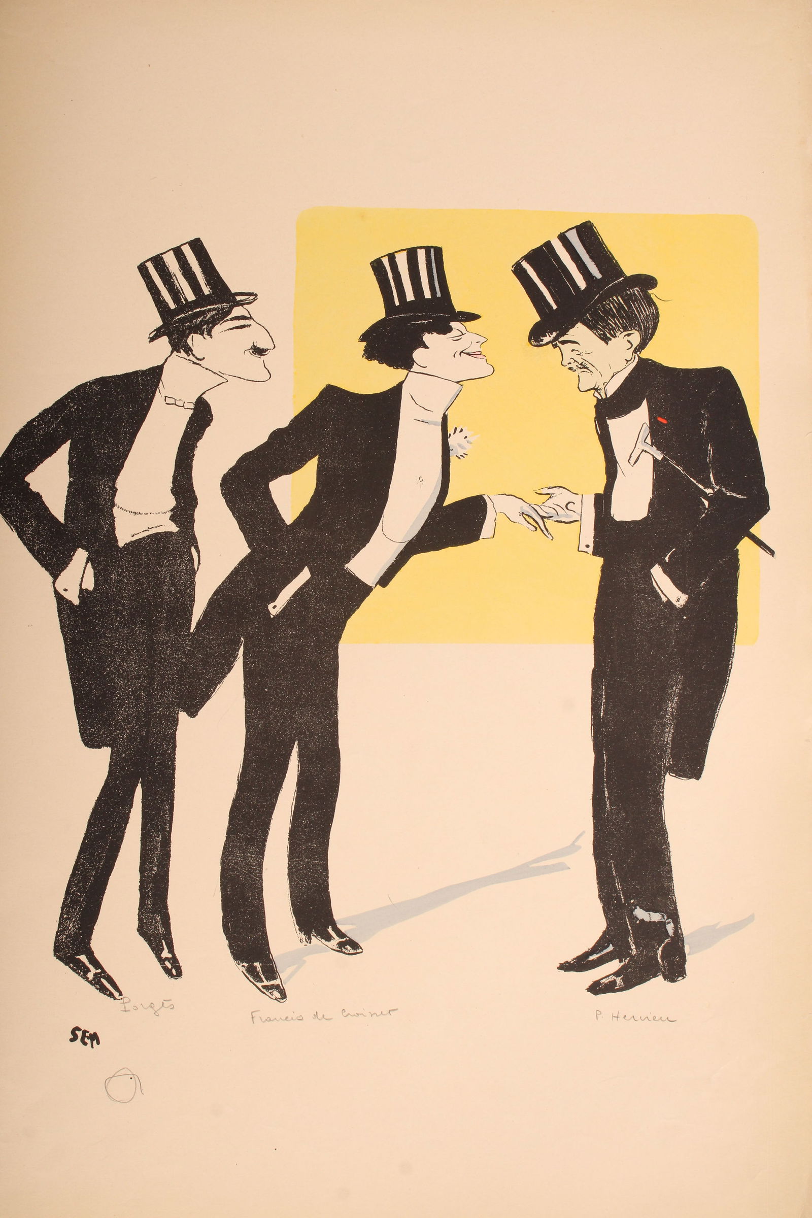 SEM, Georges Goursat, French Society Caricature: SEM, Georges Goursat, French Society Caricature. Pochoir print. Leoneto Capiello, Francis De Croisset and Paul Hervieu. Size: 20.5"H x 13.75"W