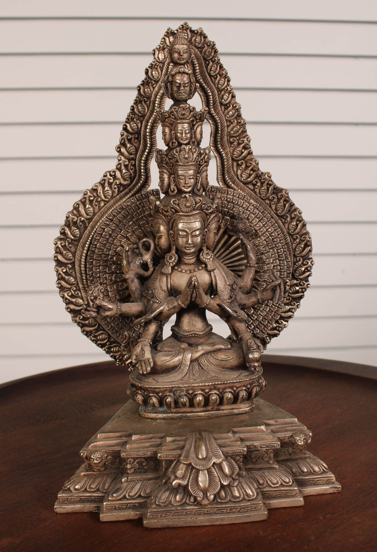 Sino-Tibetan Bodhisattva, Avalokiteshvara: Sino-Tibetan Bodhisattva, Avalokiteshvara. In 4 parts as pictured. Silver plated weighing 70 oz. Size: 11"H x 7"W x 4.5"D