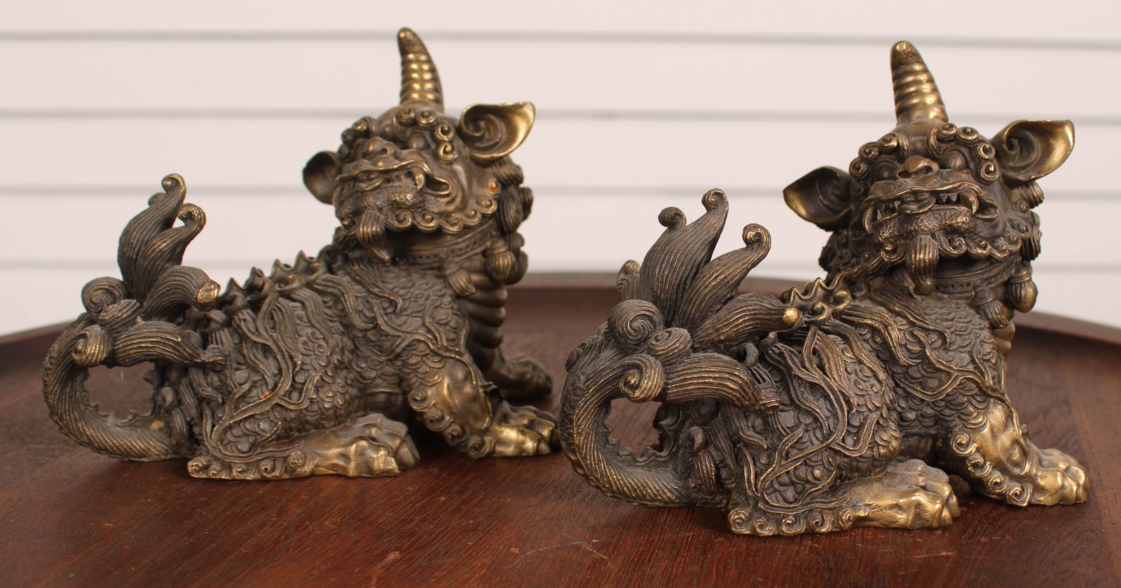 Exemplary Pair Chinese Qi Lin Dragons, Bronze: Exemplary Pair Chinese Qi Lin, Kylin, Kirin Dragons, Bronze. Size: 4.75"H x 6"W x 3"D