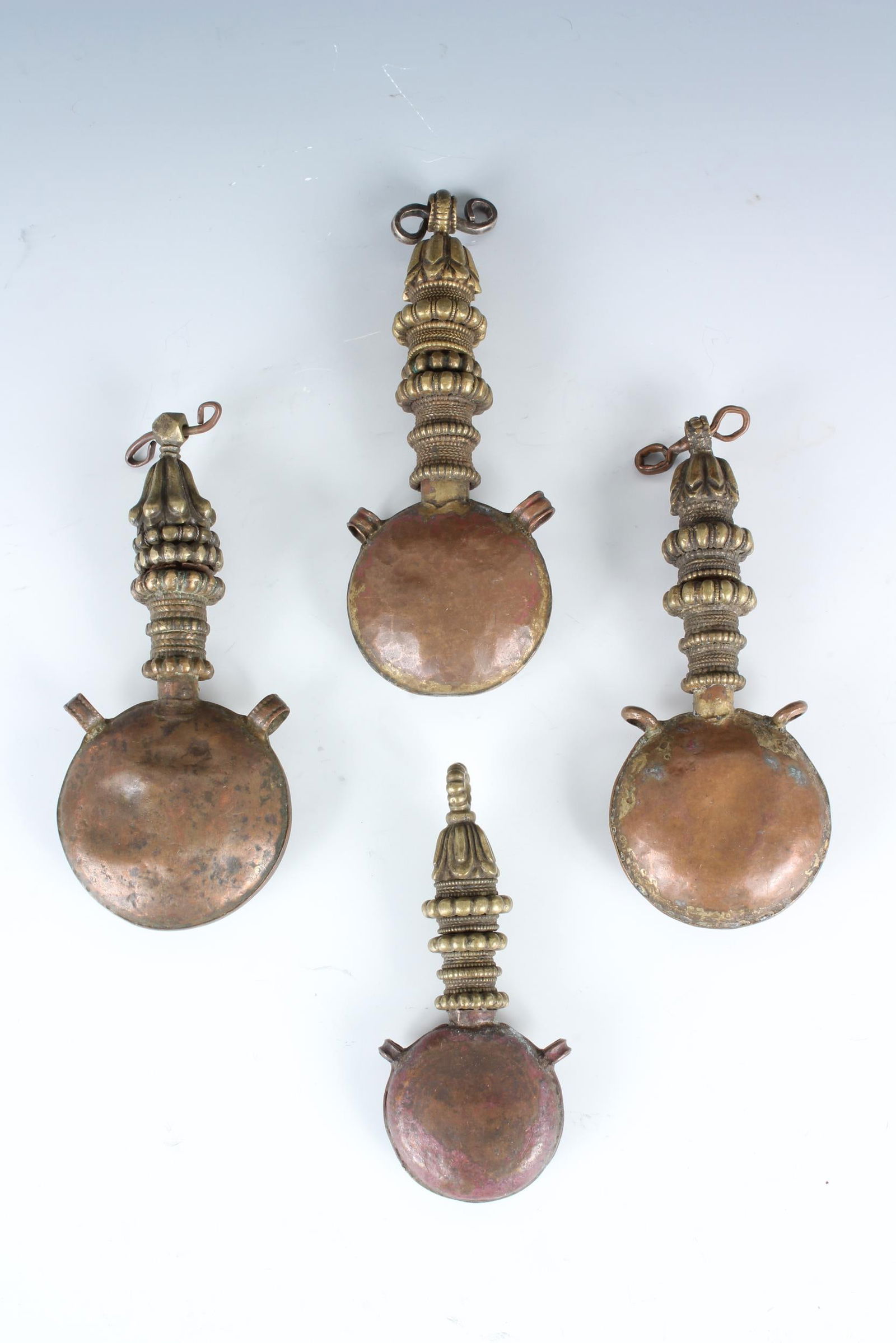 4 Monks Brass Copper Ritual Water Flasks, Chab Bum: 4 Monks Brass Copper Ritual Water Flasks, Chab Bum, Tibet, Mongolia. Size: Tallest: 5" Tall