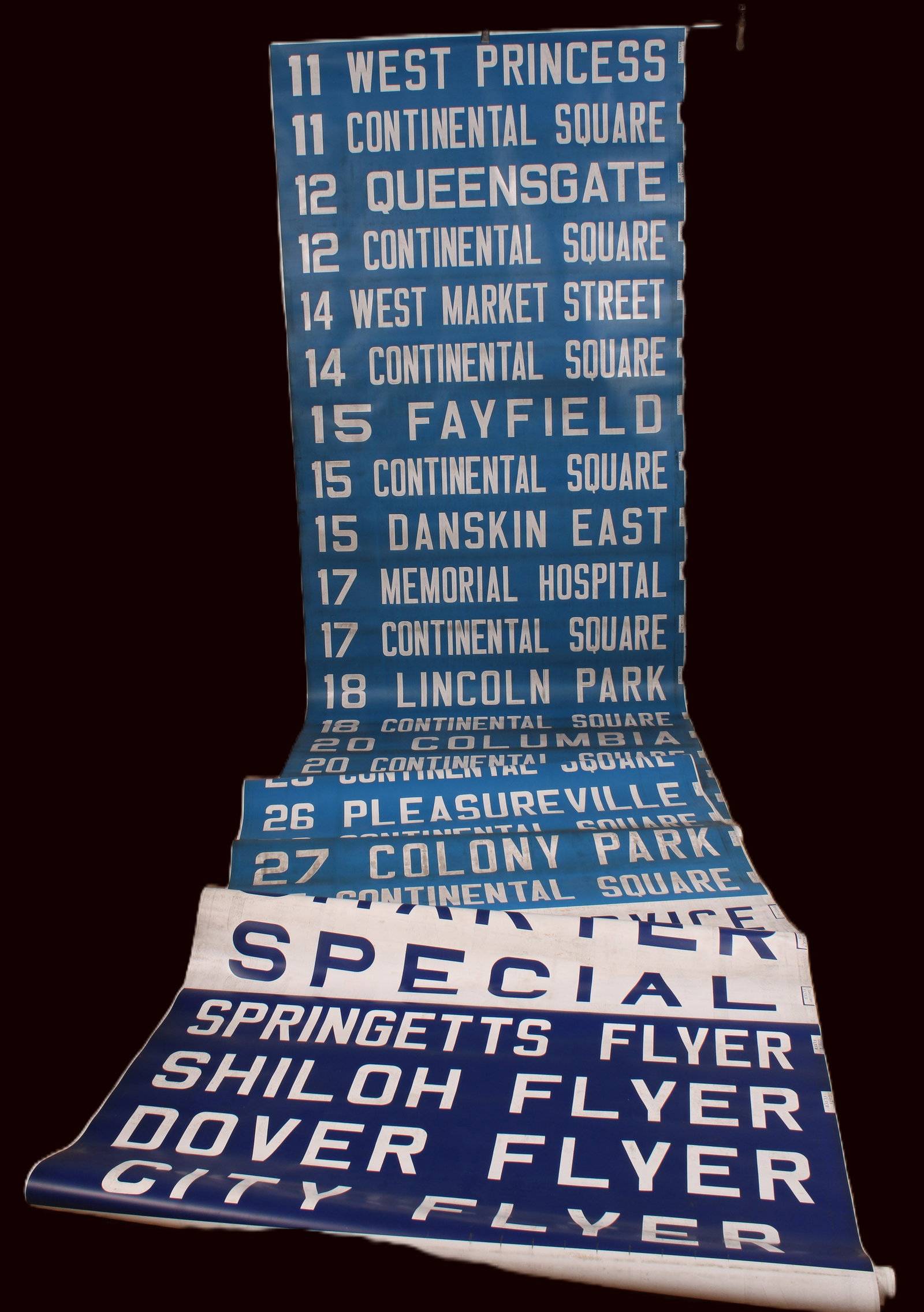 Vintage 1979 York, PA Transign Bus Roll: Vintage 1979 York, PA Transign Bus Destination Roll. Printed on mylar. Size: 53" Wide